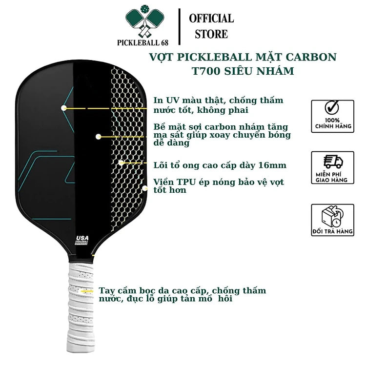 [Hoả tốc] Vợt pickleball Carbon T700 cao cấp phù hợp cho mọi người - Tặng kèm 2 trái banh Pickleball