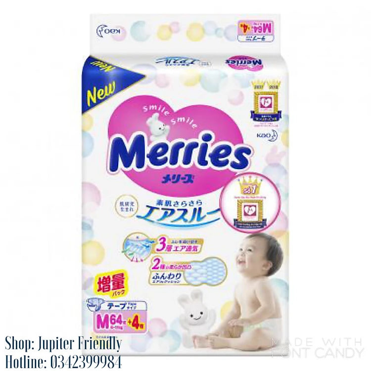 Combo 2 Tã/bỉm dán Merries size M - 64 + 4 miếng (6 - 11kg)
