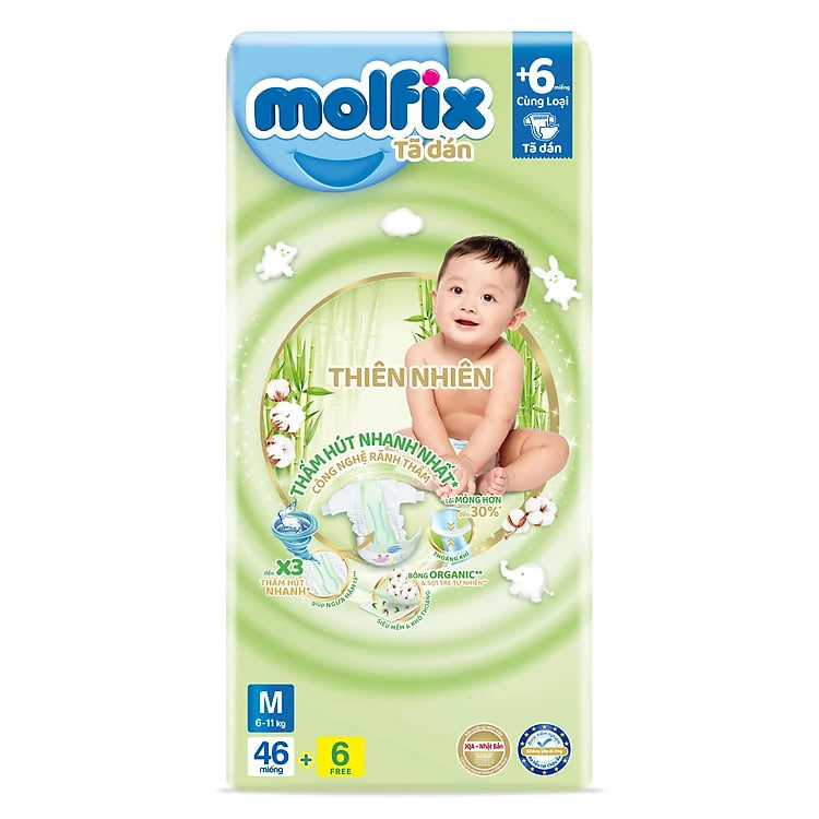 Tã/bỉm dán Molfix Thiên nhiên Jumbo M (6kg - 11kg) - Gói 46+6 miếng