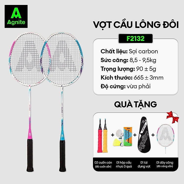 [TẶNG HỘP CẦU] Cặp vợt cầu lông cán liền nhôm carbon siêu nhẹ chính hãng Agnite -  Tặng hộp cầu nhựa và bao đựng - F2132