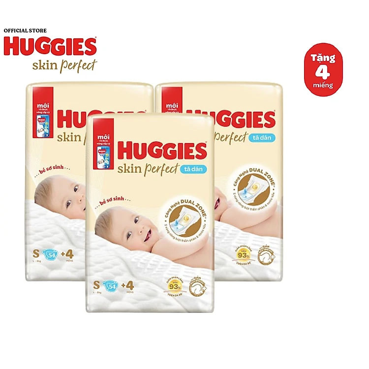 Combo 3 gói Tã/bỉm dán sơ sinh Huggies Skin Perfect S 54+4 miếng với 2 vùng thấm giảm kích ứng da