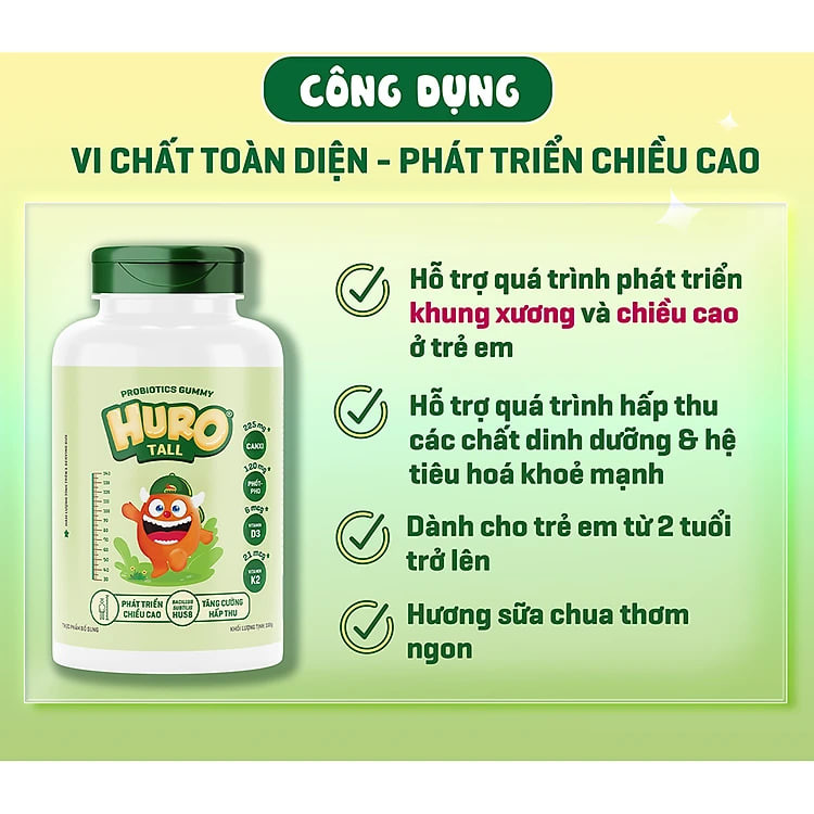 Kẹo dẻo Huro Tall – Giàu Canxi, D3, K2, Photpho và lợi khuẩn giúp phát triển chiều cao cho trẻ em (Hộp 56 viên)