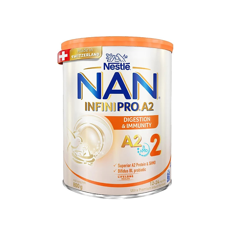 Sữa bột NAN INFINIPRO A2 Thụy Sĩ 2 800g với sự kết hợp độc đáo giữa đạm quý A2 và 5HMO (12 - 24 tháng)