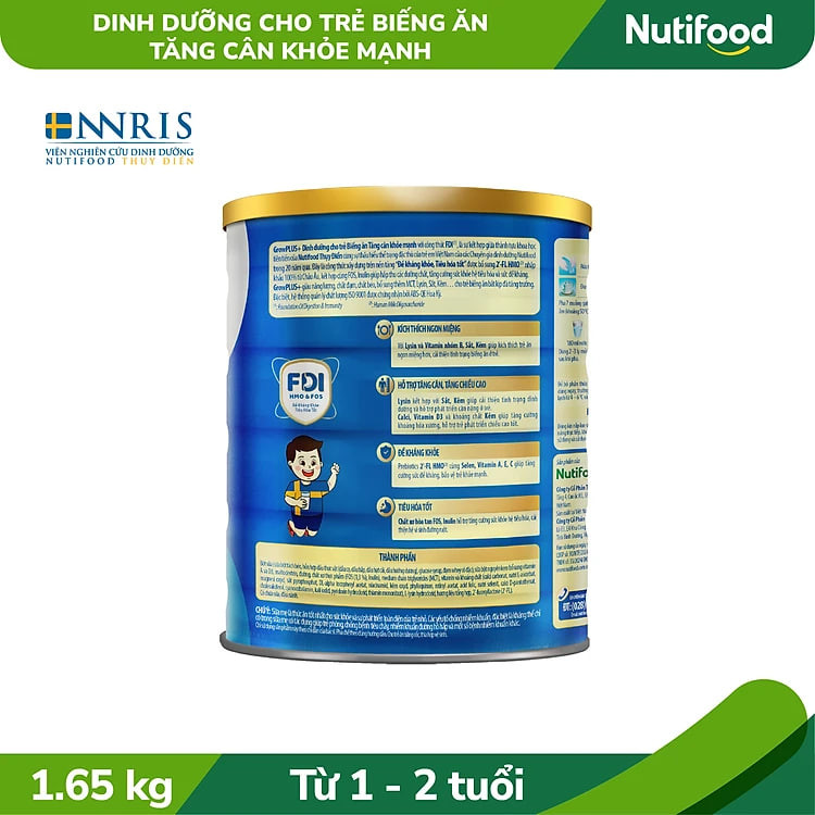 Sữa Bột GrowPLUS+ Biếng Ăn (Xanh) cho trẻ tăng cân khoẻ mạnh 1+ Lon 1,65KG