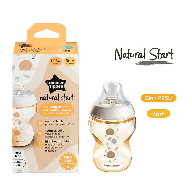 Bình Sữa PPSU Ty Siêu Mềm Tự Nhiên Tommee Tippee 260ml, Núm Ty Của Bình 3-6 Tháng, Họa Tiết