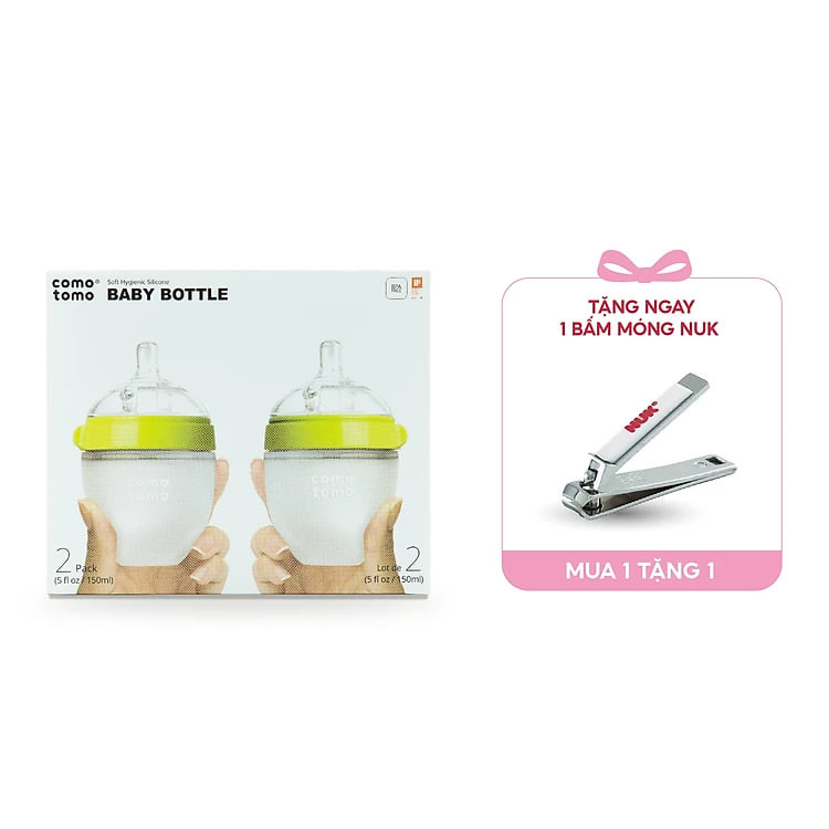 Bộ hai bình sữa silicone Comotomo 150ml - Xanh Tặng Bấm móng sơ sinh NUK