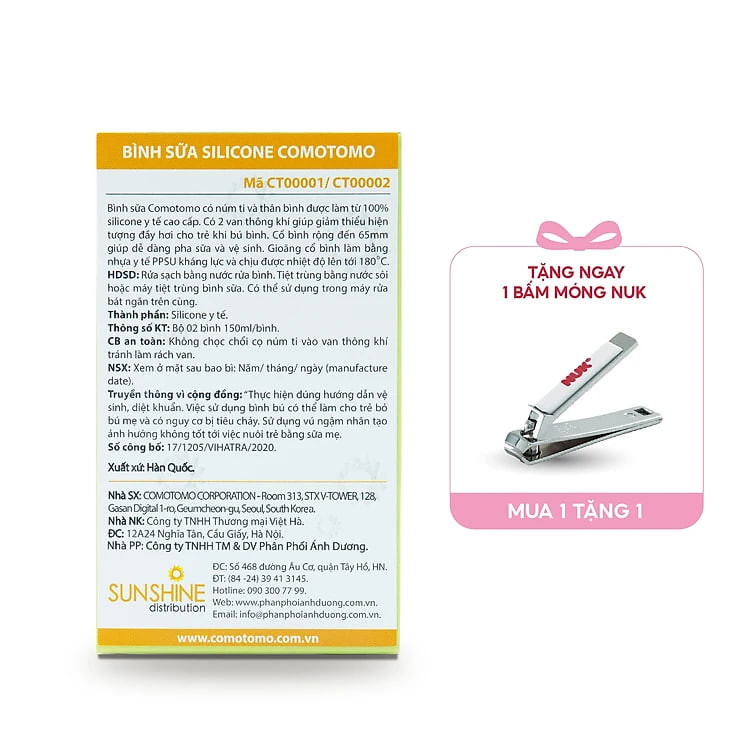 Bộ hai bình sữa silicone Comotomo 150ml - Xanh Tặng Bấm móng sơ sinh NUK