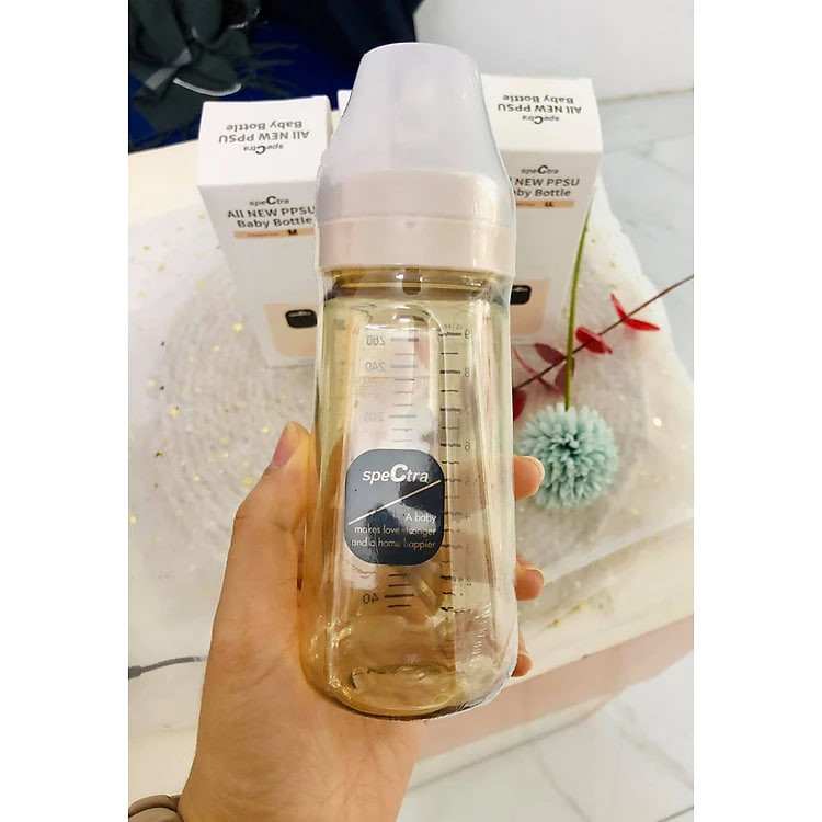 Bình sữa PPSU cổ rộng Spectra 260 ml, thân bìn màu vàng (Có núm ti size : M/L/XL)