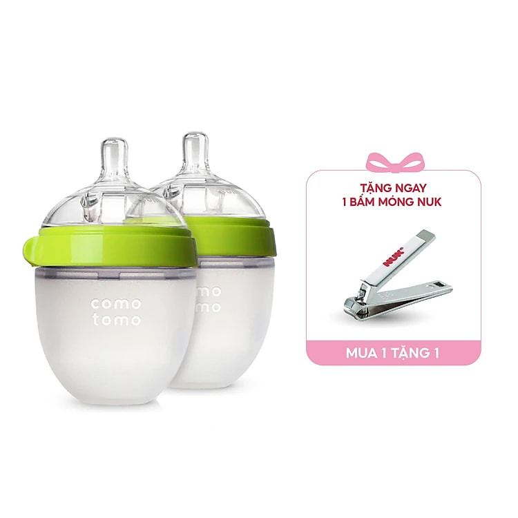 Bộ hai bình sữa silicone Comotomo 150ml - Xanh Tặng Bấm móng sơ sinh NUK