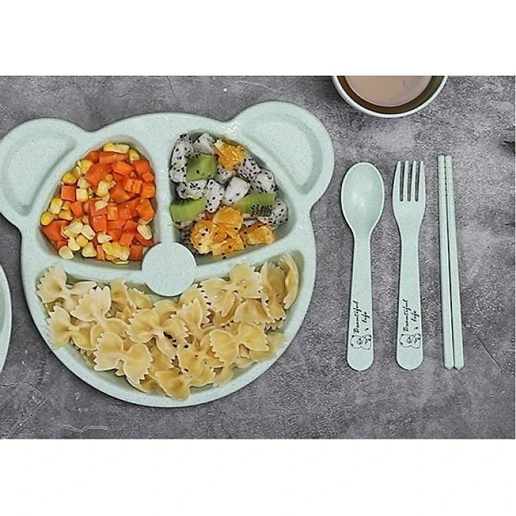 Khay Ăn Dặm cho bé Hình Gấu 3 ngăn tặng kèm bộ muỗng nĩa đũa chất liệu an toàn -Henrysa