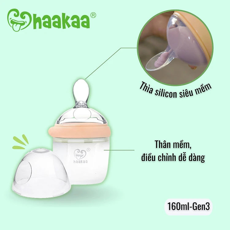 Bình thìa ăn dặm Gen.3 160ml Haakaa. Chất liệu silicone cao cấp, an toàn. Không chứa BPA, PVC và phthalate. Dễ dàng chuyển đổi thành Cốc hứng sữa, Bình sữa, Bình trữ sữa