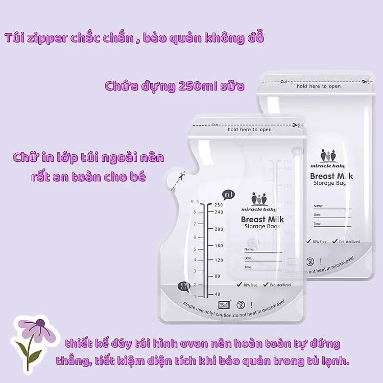 Túi trữ sữa Miracle Baby 250ml chính hãng có vòi rót