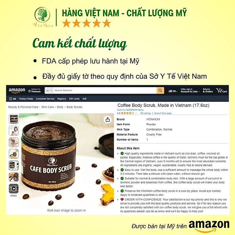 Bộ dưỡng trắng hồng da toàn thân Wonmom (1 kem sữa nghệ + 1 scrub cafe tẩy tế bào chết toàn thân)
