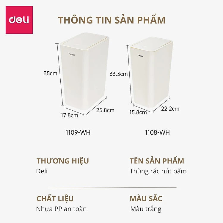Thùng Rác Nắp Bật Nhấn Nút Thông Minh Deli - Tiết Kiệm Không Gian Nhựa PP Nguyên Sinh Hạn Chế Mùi Hôi Kháng Khuẩn Sọt Rác Văn Phòng Nhà Bếp - 1108 1109