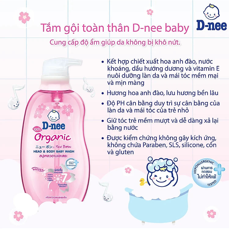 Dung Dịch Tắm Gội Toàn Thân Cho Bé Dưới 3 Tuổi D-nee - Chai 800ml (Hồng)