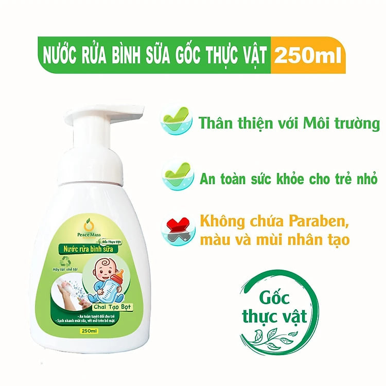 Nước Rửa Bình Sữa Gốc Thực Vật Peace Mass Với Thiết Kế Chai Tạo Bọt Tiết Kiệm Hơn Không Mùi và Công Nghệ Enzyme Giúp Làm Sạch Nhanh Bình Sữa, Dụng Cụ Ăn Uống, Đồ Chơi Nhựa Của Trẻ (Thuộc nhóm Sản phẩm Lành tính / Sinh học) 250ml
