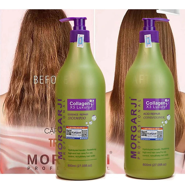 Cặp Dầu Gội Xả X3 Collagen Morgarji 800ML Phục hồi Tóc Chuyên Sâu, Dầu Dừa Giúp Kiềm Dầu Giảm Bết