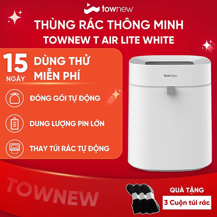 Thùng Rác Thông Minh TOWNEW T AIR LITE (WHITE) - Tự động đóng gói và thay túi rác - Bản Quốc Tế - Hàng Chính Hãng