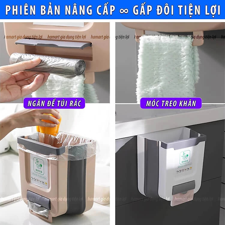 Thùng Rác Treo Tủ Bếp Gấp Gọn 10 Lít Cỡ Lớn 2 Màu Tuỳ Chọn Chất Lượng Cao TẶNG 20 TÚI RÁC