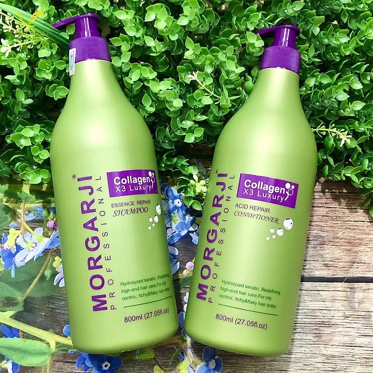 Cặp Dầu Gội Xả X3 Collagen Morgarji 800ML Phục hồi Tóc Chuyên Sâu, Dầu Dừa Giúp Kiềm Dầu Giảm Bết