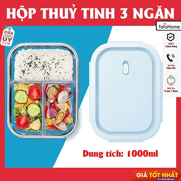 Hộp Thố Thủy Tinh 2 - 3 Ngăn Có Nắp Ron Chống Tràn Đựng Cơm Văn Phòng Sử Dụng Được Lò Vi Sóng Siêu Tiện Tợi